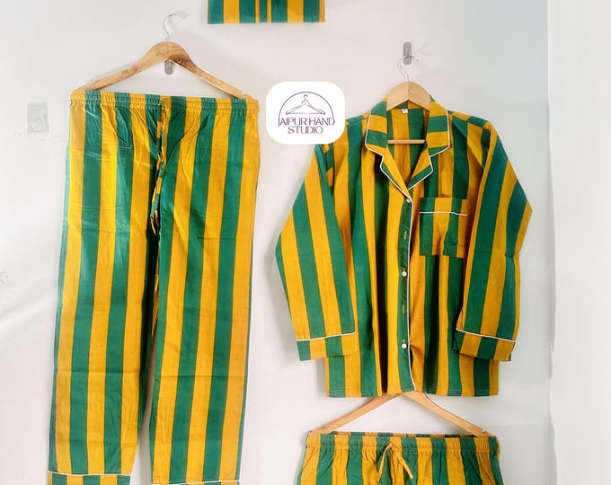 Yellow and green color cotton made Pj set | Home wear pajamas | Block print women night suit | Bridesmaid pajamas | Gift for Christmas.