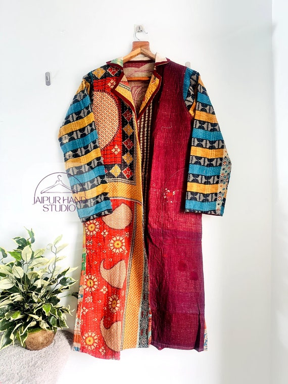 multicolor coat, Assorted pattern jacket, Indian vintage kantha fabric made, Indian hand made stitches, vintage kantha kimono bath robe .