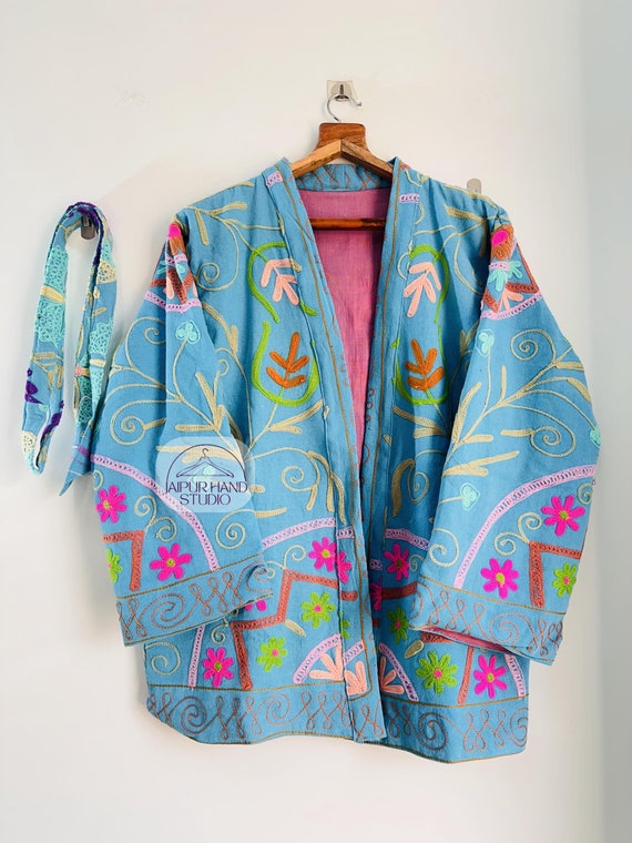 Blue color Embroidery short jacket | Beautiful color robe | suzani made short jacket | party wear robe | outdoor jacket | Gift for Christmas