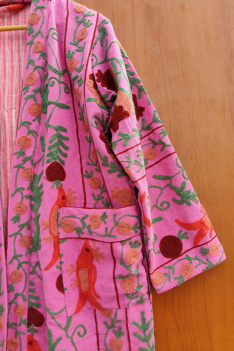 Suzani Work Kimono, Hand Embroidered Suzani Work Kimono, Hand Embroidered Robe, Cotton Kimono Jacket, Tie Belt Coat, Bath Robe Dressing Gown image 7