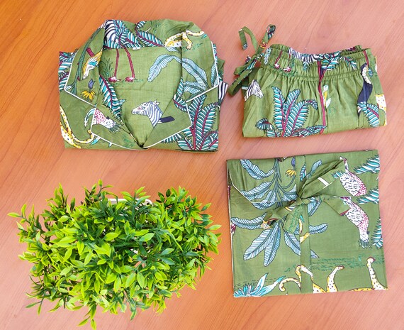 Jungle l Print short Pajamas,Jungle Print Pure Cotton Pj’s, Pajamas Set ,Indian Cotton,Night Wear, Soft Cotton Night Suit-