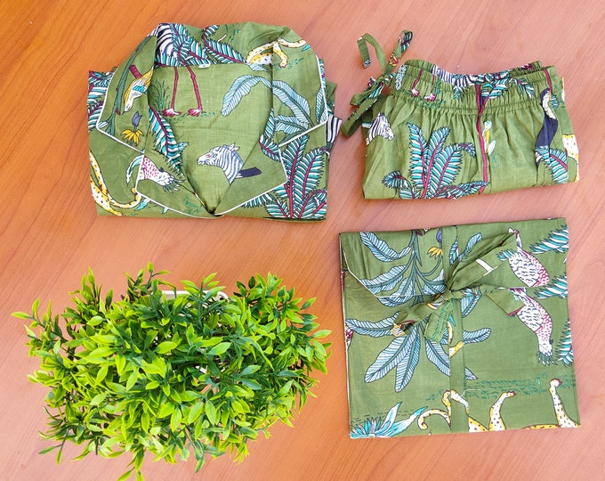 Jungle l Print short Pajamas,Jungle Print Pure Cotton Pj’s, Pajamas Set ,Indian Cotton,Night Wear, Soft Cotton Night Suit-