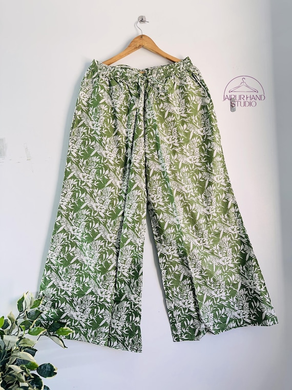 Green and white color block print pants | Handmade cotton pajama | Women wear palazzo | Beautiful women yoga pants | Gift for Christmas.