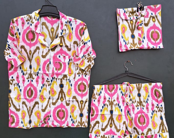 Indian 100% Cotton fabric made | Women's Pajama Set's | Floral Print Pajama Set's | Bridesmaid gift | short sleeves Pj set | Gift for Her