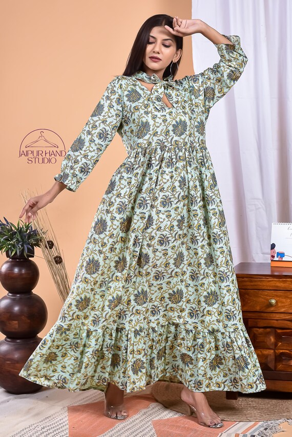 Block print cotton gown | Handmade women wedding wear dress | Unique neckline beautiful dress | Bridesmaid dress | Gift for Christmas.