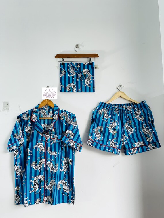 Zebra block print cotton shorts and half sleeve shirt set | Handmade cotton Pj set | Home wear Pajama | Bridesmaid pajamas | Gift for her.