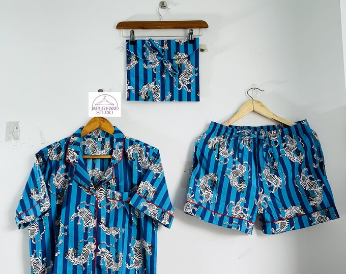 Zebra block print cotton shorts and half sleeve shirt set | Handmade cotton Pj set | Home wear Pajama | Bridesmaid pajamas | Gift for her.