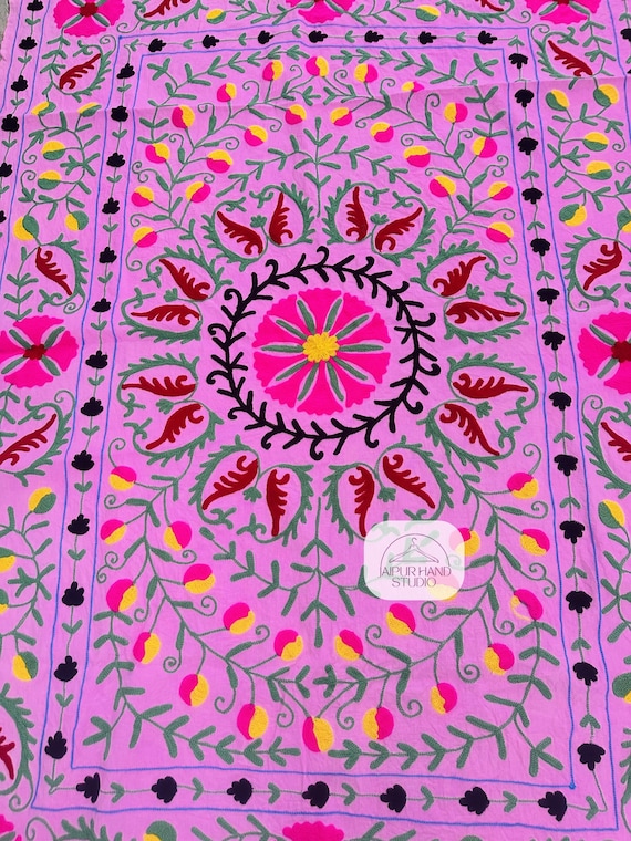 Pink color beautiful Uzbek suzani tapestry| Handmade niddle work Embroidery bedspread | Suzani bedcovers | Suzani table cover | Gift for her