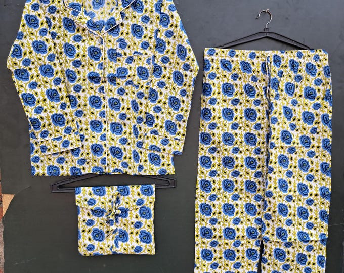 yellow Floral Cotton Pajamas • long sleeves Womens PJs • Pretty Pajama Set Nightwear • Unique Gift Idea for Her • Ladies Plus Size Sleepwear