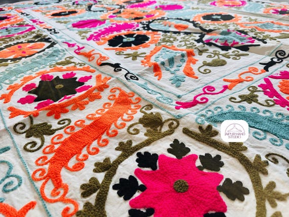 Multicolor floral embroidery table cover | Suzani niddle work Embroidery bedspread | Uzbek king size tapestry | Gift for Christmas.