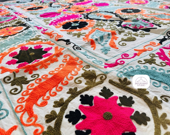 Multicolor floral embroidery table cover | Suzani niddle work Embroidery bedspread | Uzbek king size tapestry | Gift for Christmas.