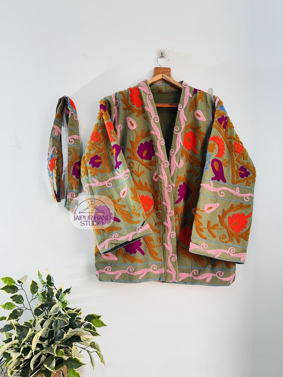 Cotton Suzani Hand Embroidery Jacket | Women Wear Winter suzani coat | Bridesmaid Kimono Robe | suzani short kimono | Gift for Christmas.