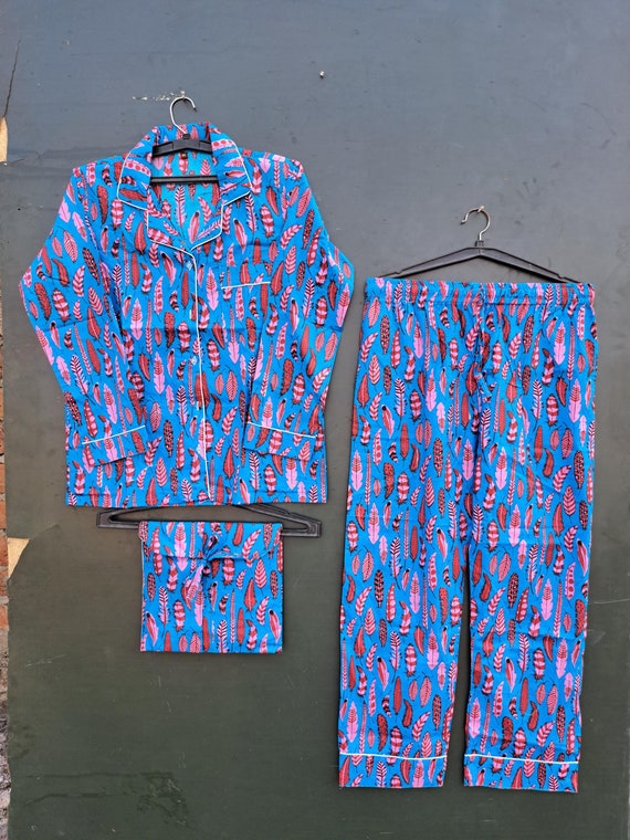 Indian PJ Set,100% Cotton Block Print Pajama Set, Night Wear, Bridesmaid Pajama Set, Womens pajamas Set Cotton Pants Shirt sets,Summer Dress