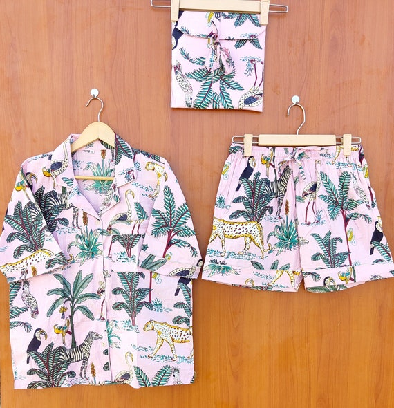 Animal Print Cotton Pajama Set Shorts Set Women Night Dress Green Color Light Ultra Soft Night Dress Women Cotton Shirt With Shorts Bag Set
