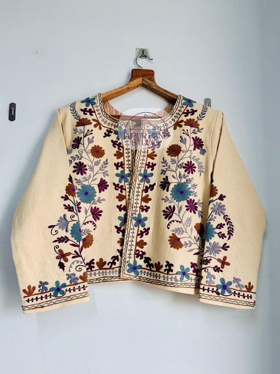 Beige color Floral Embroidery suzani jacket | Handmade stitched jacket | beautiful women wearing jacket| winter jacket | Gift for Christmas.