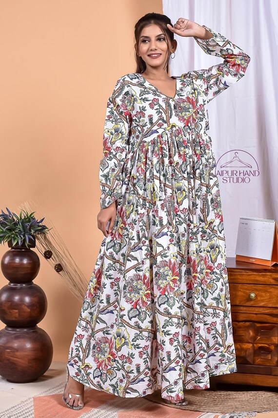 Hand block print cotton gown | women party wear dress | Long sleeve beach wear gown | Pregnant lady dress | Bridesmaid dress | Gift for her.