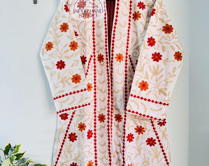 white color suzani winter jacket | Handmade floral Embroidery suzani coat | wedding wear jacket | Bridesmaid jacket | Gift for Christmas.