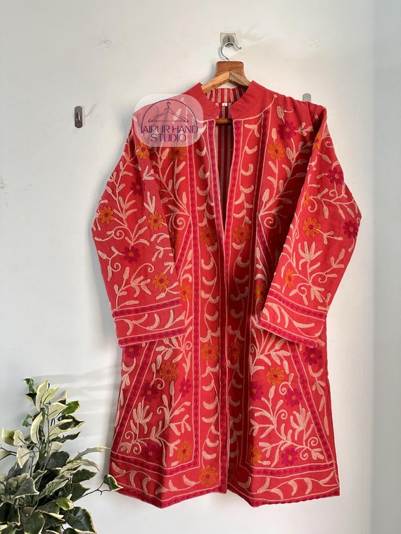 Red color floral Embroidered jacket | 100% pure cotton suzani women wear jacket | Bridesmaid jackets | winter wear jacket | Gift for her.