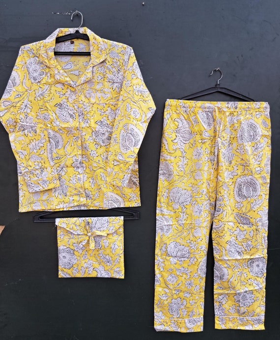 Indian made Floral Cotton Pajamas • long Womens PJs • Pretty Pajama Set Nightwear • Unique Gift Idea for Her • Ladies regular Size Sleepwear