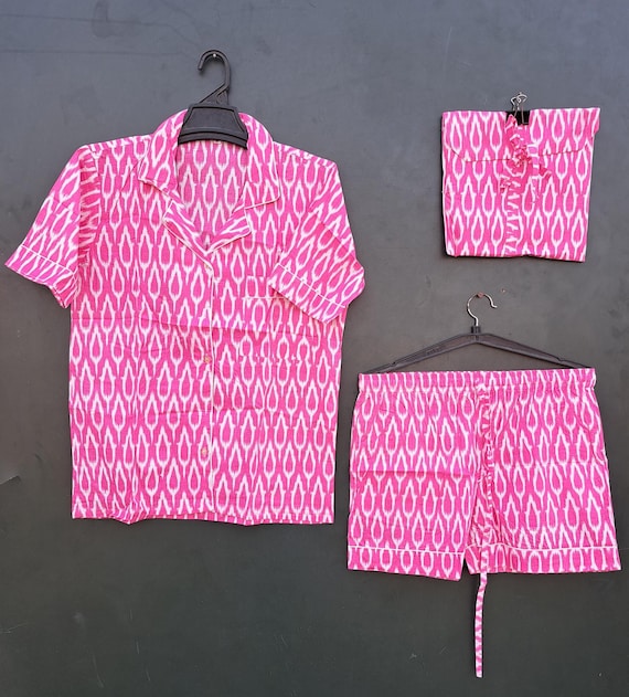 pink color and floral block print fabric made night suit | pure cotton suit | handmade shirt & short with cotton bag | Gift for Christmas.