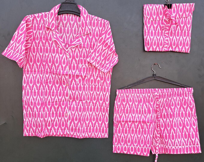 pink color and floral block print fabric made night suit | pure cotton suit | handmade shirt & short with cotton bag | Gift for Christmas.