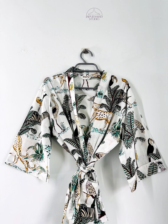 Tiger Print Cotton Kimono Robe Dressing Gown, wedding robe Block Print Bridesmaid Robe, Summer bathrobe beachwear women men gift tiger