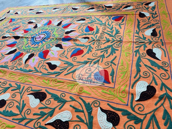Indian suzani throws| wall hanging throws| suzani embroidery fabric |suzani bed cover| woolen embroidery throws | home & Living table throws