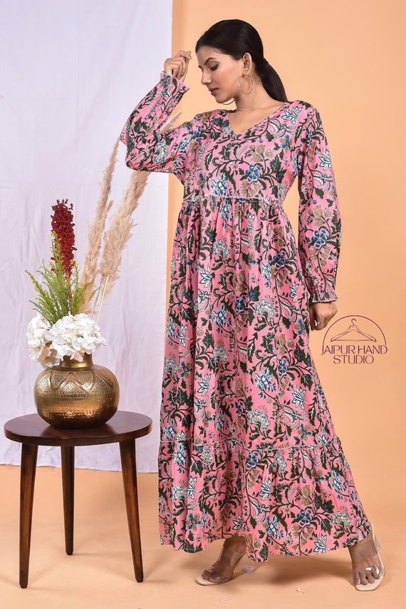 Beautiful floral print cotton dresses| Hand block print dress | Wedding wear dress | Party wear gown | Bridesmaid dress | Gift for Christmas