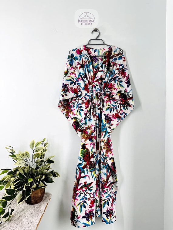 Soft Cotton Handmade Kaftan Dress Beach Cover up Women Night Dress , Indian Floral Hand Block Print Sleepwear Maxi Dress Kimono Robe