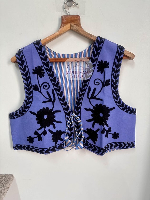 Handmade suzani sleeve less jacket | Blue color women wear vests | Floral Embroidery suzani vests | Summer wear vests | Gift for Christmas.