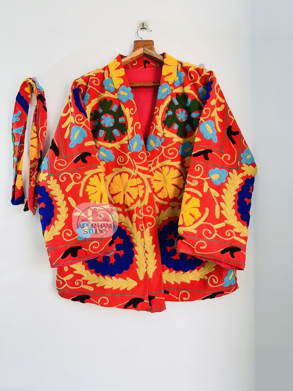 Suzani fabric made short jacket | handmadee stitched jacket | women wear short kimono | wedding wear jacket | party wear short coat .