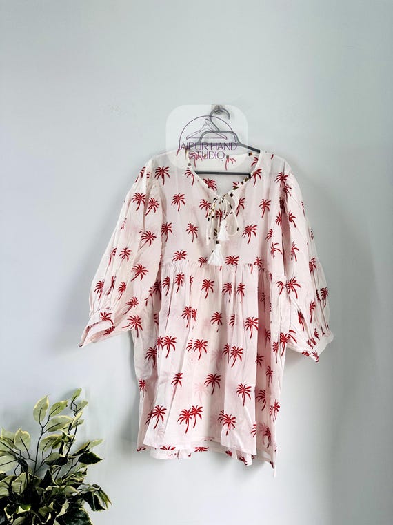 pink and white color Cotton Short Summer midi Dress, V-Neck Front and Back, High Waist Drawstring, hand made block print, gift for her