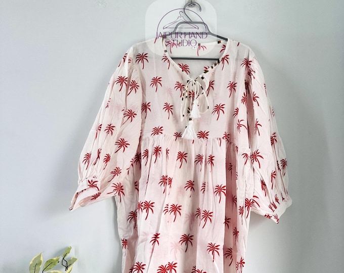 pink and white color  Cotton Short Summer midi  Dress, V-Neck Front and Back, High Waist Drawstring, hand made block print, gift for her