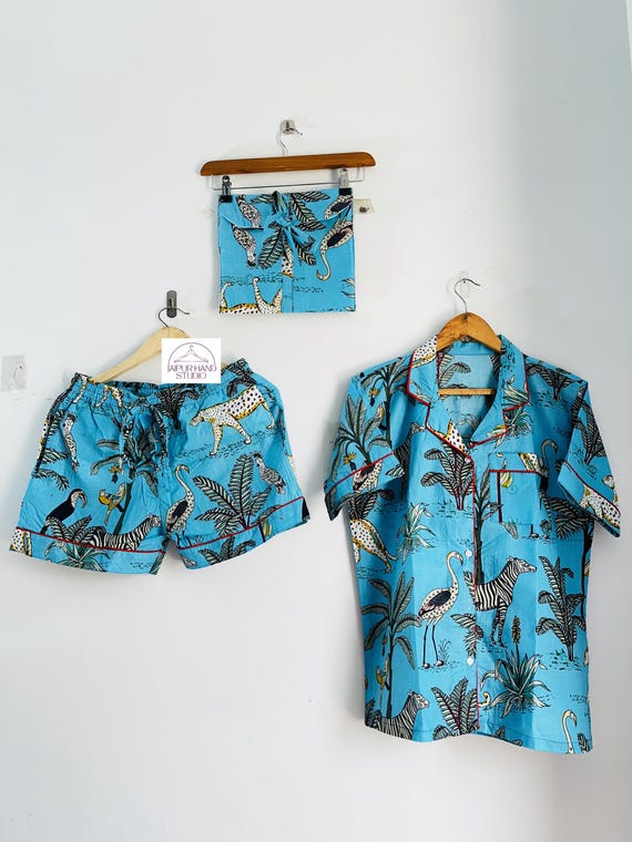 Jungle print cotton short pajama set | Handmade stitched short and half shirt | Beach wear pajamas | Bridesmaid pajamas | Gift for her.