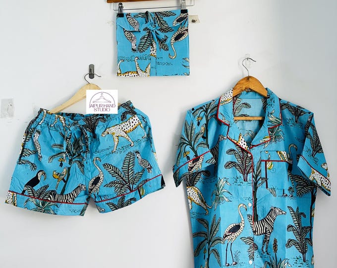 Jungle print cotton short pajama set | Handmade stitched short and half shirt | Beach wear pajamas | Bridesmaid pajamas | Gift for her.
