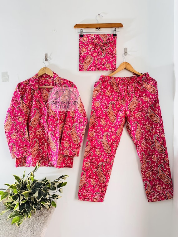 Pink color women night suit | 100 % cotton Pj set | unique design pajama set | beautiful color sleepwear Pj | Long sleeve Pj | Gift for her.