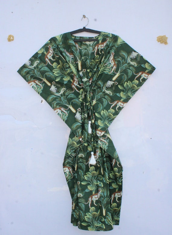 Tiger Print !! Hand Block Print Sleepwear Maxi Dress Kaftan, Women Dress Long Caftan, Dress Green Cover up, Indian Handmade Cotton Kaftan