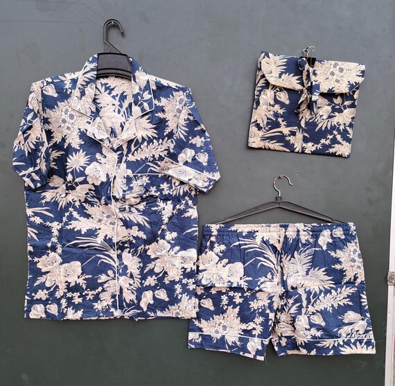 handmade Pj set for women's wear | short sleeve pjs | short pajamas | cotton fabric made shirt & short with bag | women's wear in summer |
