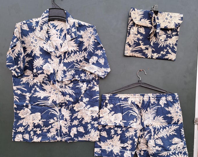 handmade Pj set for women's wear | short sleeve pjs | short pajamas | cotton fabric made shirt & short with bag | women's wear in summer |