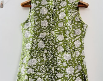Green color cotton Quilted jacket | Sleeve les jacket | women wear vests | winter wear jacket | Beautiful floral design vets | Gift for her.