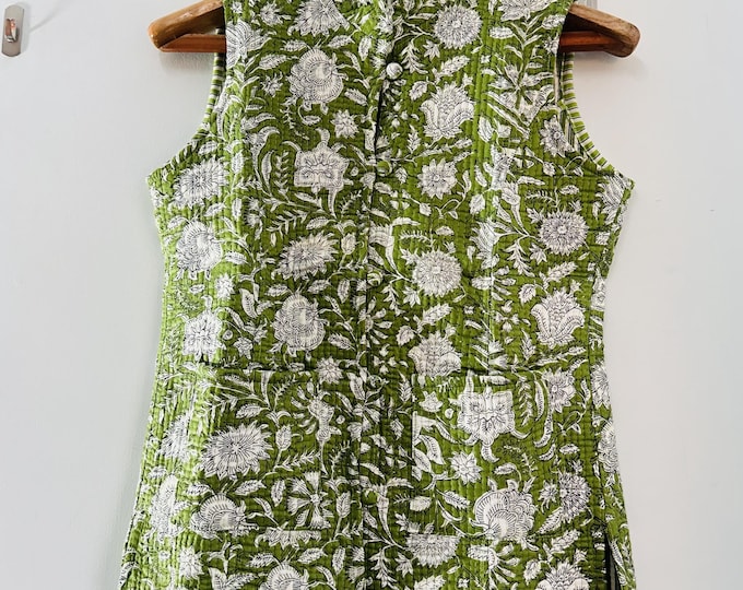 Green color cotton Quilted jacket | Sleeve les jacket | women wear vests | winter wear jacket | Beautiful floral design vets | Gift for her.