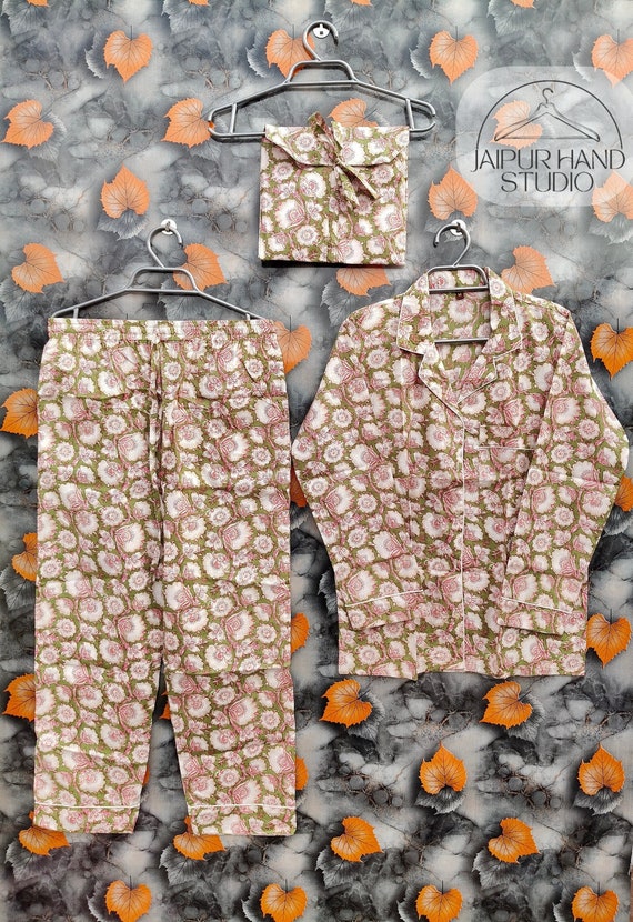 Indian Pajama Set, 100% Soft Cotton Women Night Dress, Handmade Pajama Set, Floral Printed Night Suit,Pants Shirt Set With Shorts Set