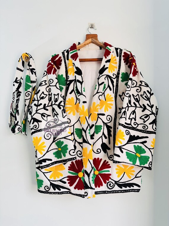 White color hand Embroidery coat | Suzani short kimono robe | women wear short jacket | Handmade stitched women jacket | Gift for Christmas.