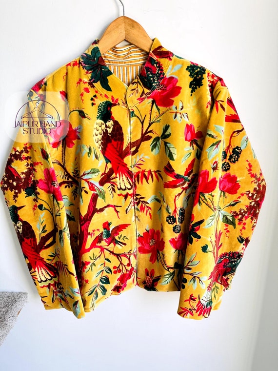 Luxury Velvet Boho & hippie Jacket | floral printed jacket | Winte and Christmas Gift | luxury coat l Yellow color jacket | Gift for her.
