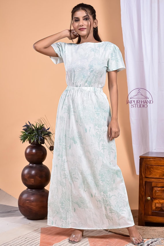 Green color tree print cotton long midi dress | Women wedding wear dress | Party wear gown | Bridesmaid dress | Gift for Christmas.