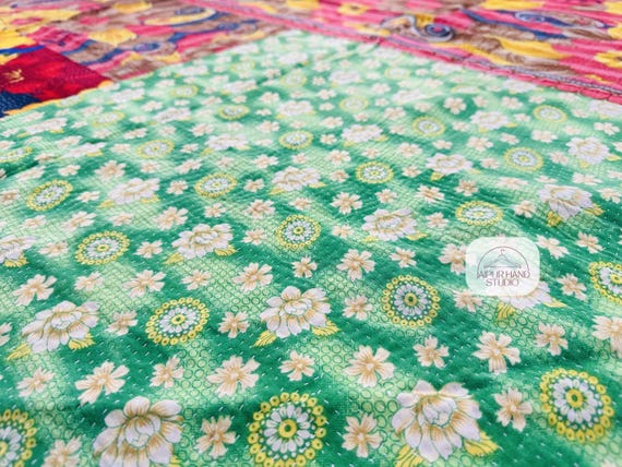 Floral print cotton kantha bedsheet | Handmade kantha tapestry | Kantha bedcovers | Kantha reversible blankets | Gift for Christmas.