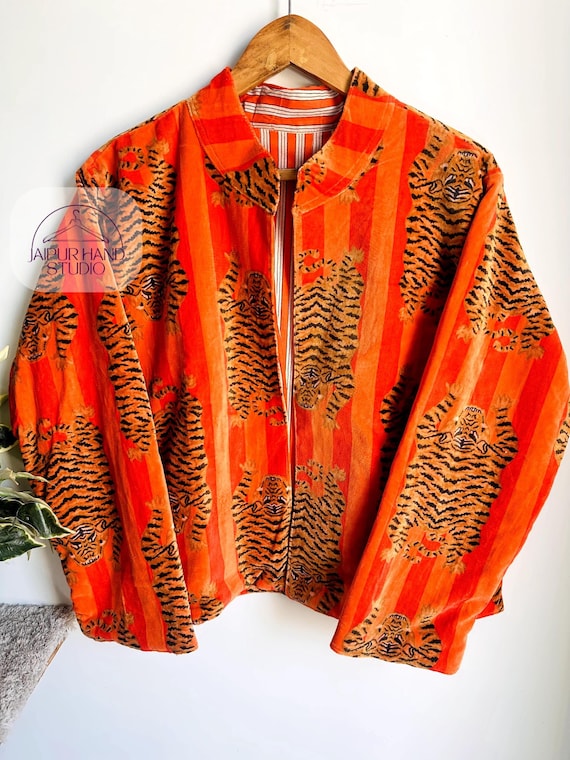 Tiger print velvet cotton made open jacket | Made by Indian fabric | luxury coat | winter jacket | soft cotton made | this color is so (OSM)