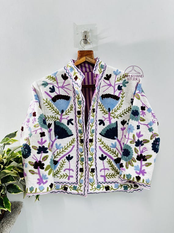 Winter wear short coat for women | Handmade Embroidery suzani jacket | Beautiful long sleeve jacket | Bridesmaid jacket | Gift for her.