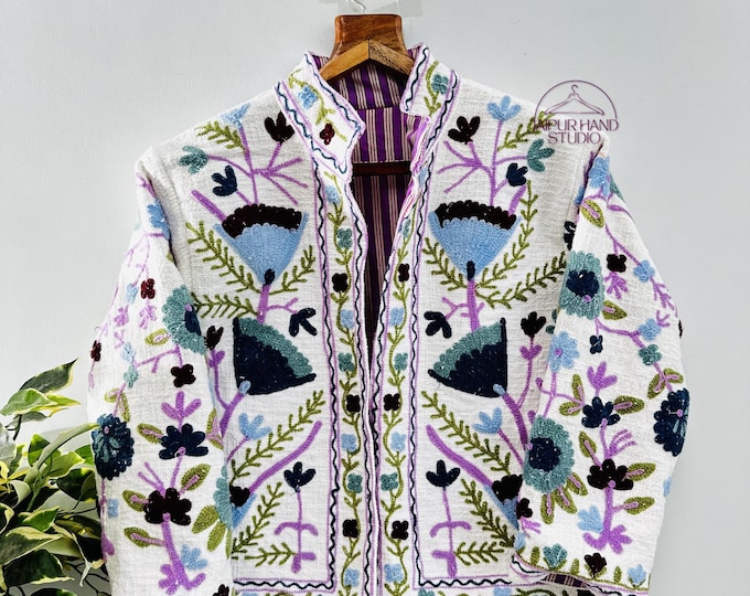 Winter wear short coat for women | Handmade Embroidery suzani jacket | Beautiful long sleeve jacket | Bridesmaid jacket | Gift for her.