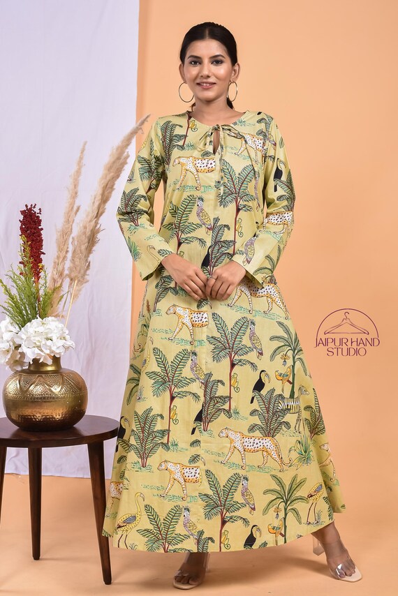 Light green jungle print cotton long midi dress | Wedding wear midi | Party wear gown | Summer wear cotton long dress | Gift for Christmas.